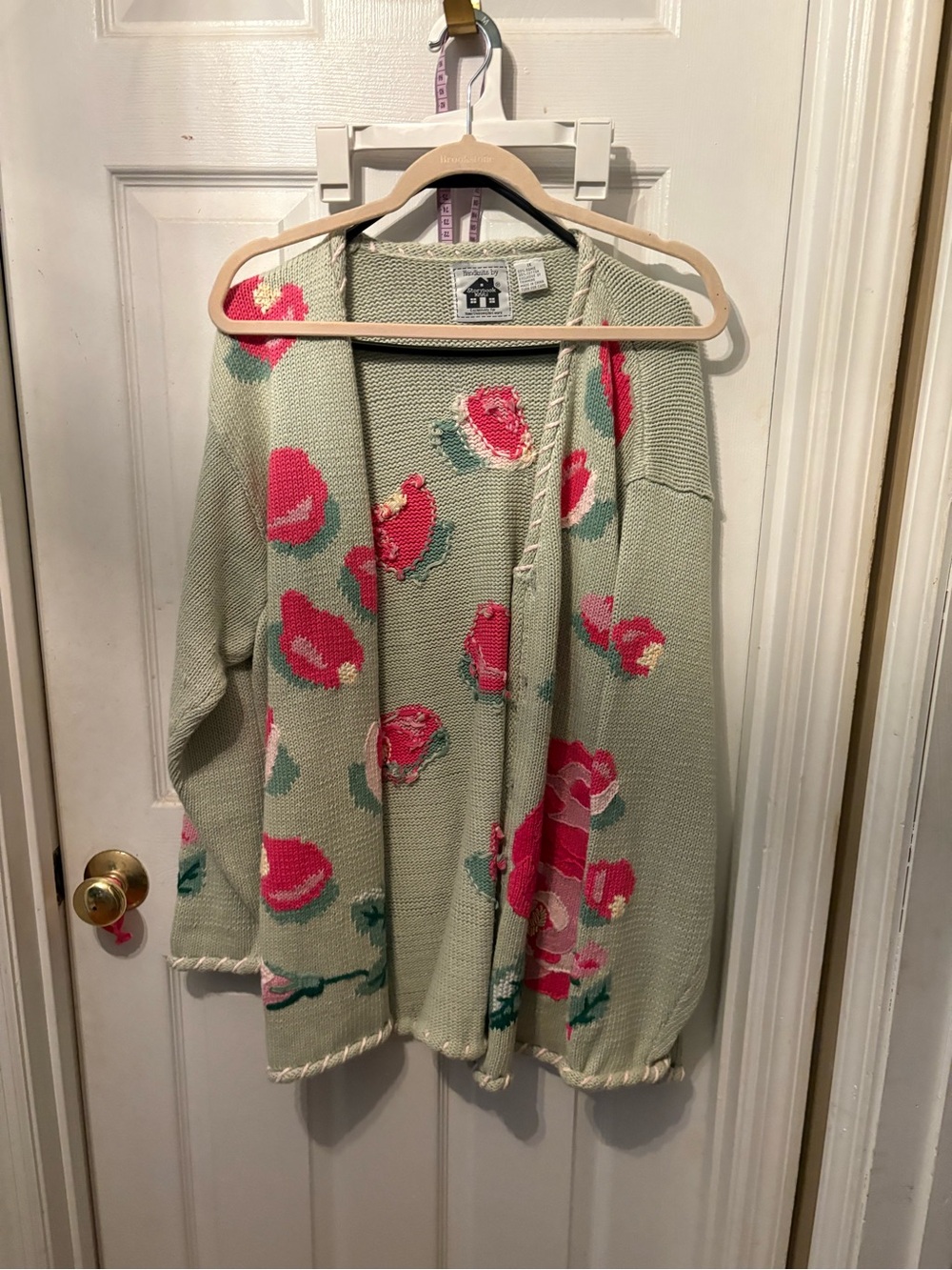 Storybook Knits Mint Green Open Floral Cardigan with Pink Blooms